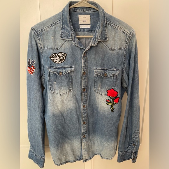 Zara denim shirt patches distressed unisex large button up boho Zip Code 1992 - Picture 2 of 13